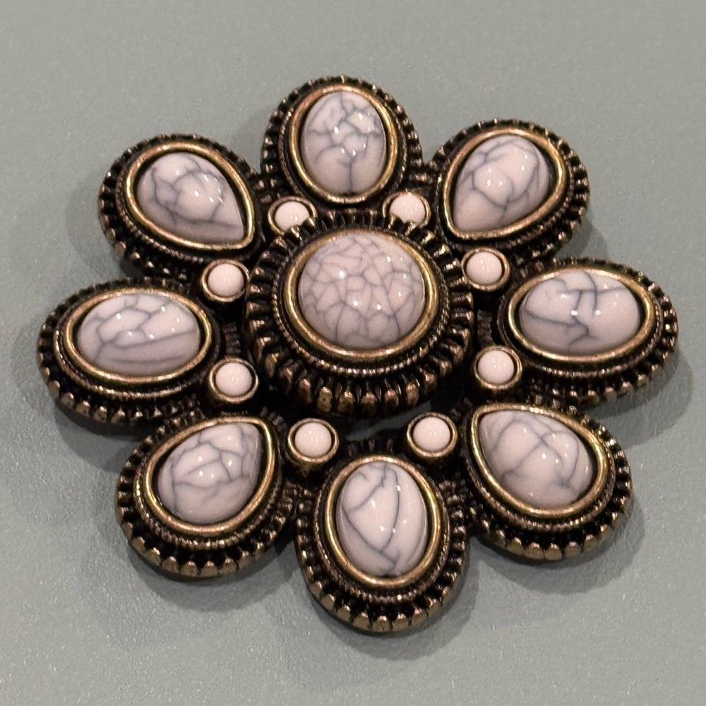 Premier Designs Vintage-Inspired Brooch with White and Antique Gold Hues 3 inch